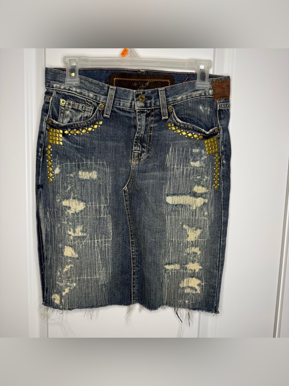 7 For All Mankind Distressed Blue Denim Midi Skirt with Gold Studs